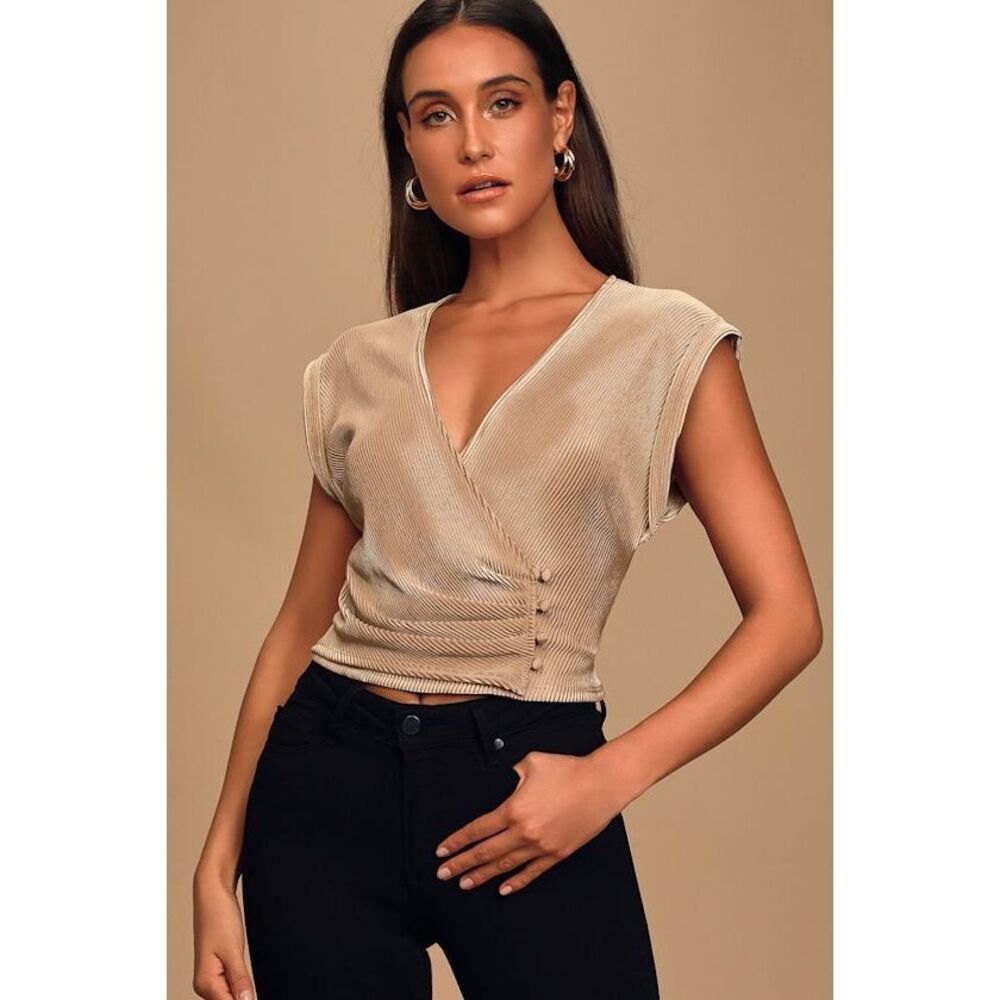 Lulus  Cream Ribbed Faux-wrap Crop Top Beige - Size XS